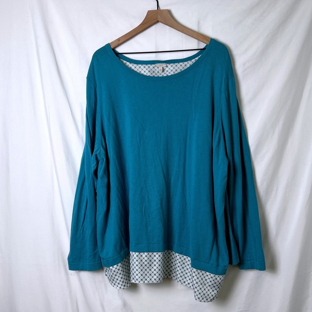 Talbots Women Layered Look Twofer Sweater Size 3X Teal White Office Casual